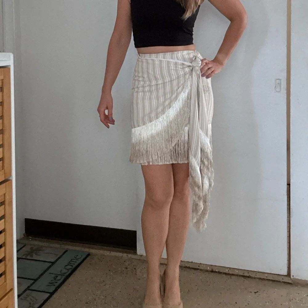 L'Academie Beige Asymmetrical Fringe Skirt - Picture 6 of 10